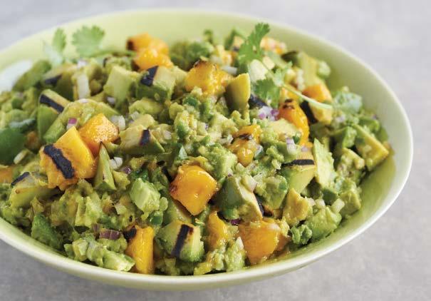 sea salt ½ cup finely diced red onion ½ jalapeño, finely diced with some seeds included* ¼ cup fresh cilantro, finely chopped (optional) Brush mangos and avocados with oil covering all sides.
