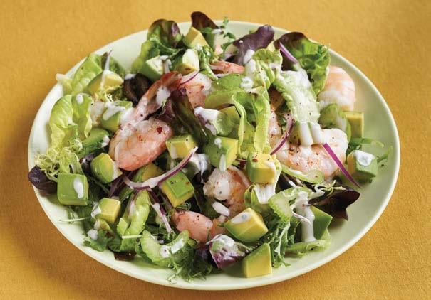 shrimp and chopped 8 pitted ripe olives, halved Whisk together mayonnaise, juice, garlic and seasonings; set aside. Place salad greens, celery, onion and shrimp in a large salad bowl.