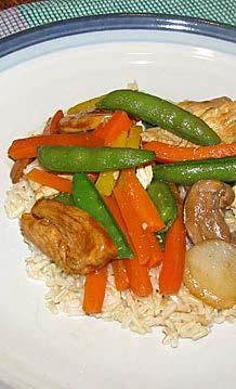Chicken Stir-fry 4 small chicken breasts 1 pkg. stir-fry vegetables Cooking spray ¼-½ c. teriyaki sauce (reduced-sodium) 2 c. brown rice Prepare the brown rice as the package indicates.