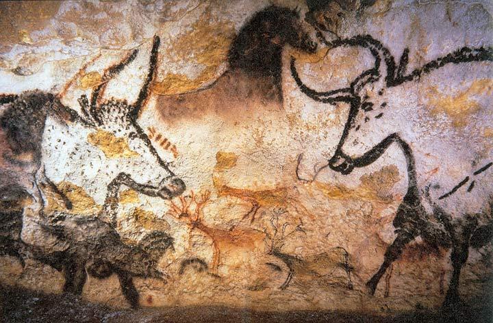 Document 1 A Paleolithic cave painting in the Lascaux Cave in France depicting a bull and horses, animals that were important to the nomadic hunters that created
