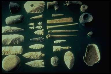 Document 2 Tools from Hunter-Gatherer Societies Hunter-gathering societies have used various types of stones, as well as bone and antler, to make a variety of tools such scrapers, blades, arrows,