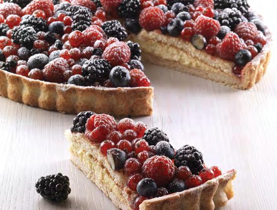 FRUTTI DI BOSCO (MIXED BERRY CAKE) Shortcrust pastry base filled with Chantilly cream, topped with a layer of sponge cake and lavishly garnished with an assortment of berries: blackberries,