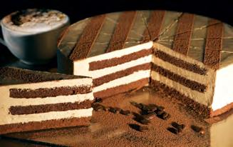38 oz - 96 g 8 hours in the refrigerator CAPPUCCINO CAKE Alternating layers of espresso drenched chocolate sponge cake and coffee cream, decorated