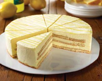 LIMONCELLO MASCARPONE CAKE Alternating layers of sponge cake and lemon infused mascarpone cream, decorated with Limoncello sauce.
