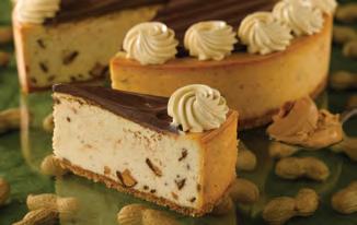 33 oz - 123 g 18 hours in the refrigerator PEANUT BUTTER CHEESECAKE A cookie crumb base, peanut butter cheesecake with peanut butter cups topped with