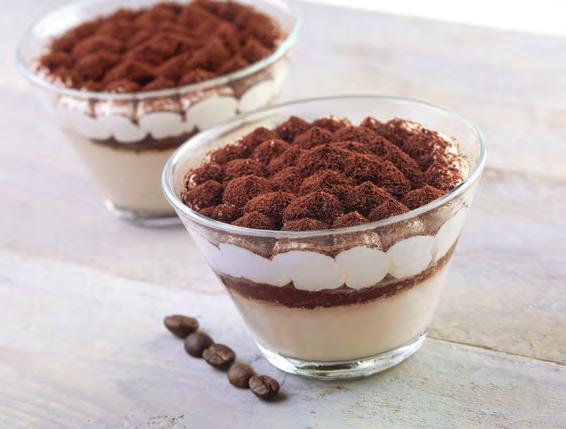 TIRAMISÙ GLASS Sponge cake soaked in espresso, topped with mascarpone cream and dusted with cocoa powder. ITEM CODE: 3466 12 Servings/case NET WT. 2 lbs 10.