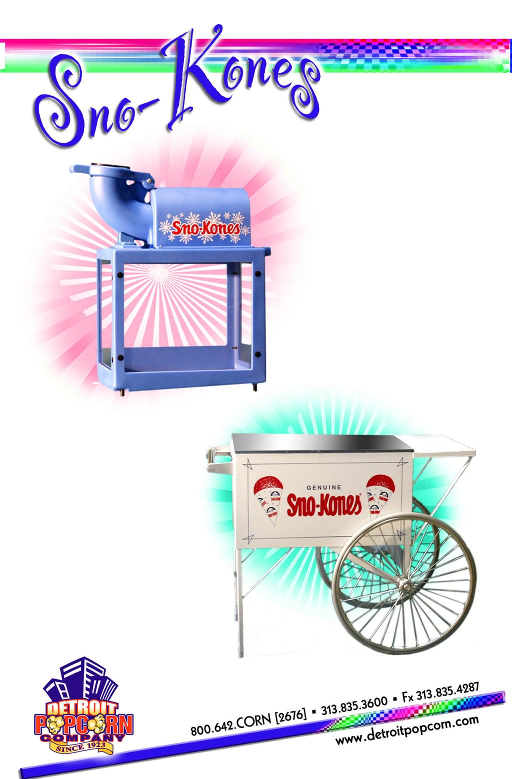 # 130 Sno-Kone Machine Processes up to 300 lbs. of ice per hour. Light weight, easy to use and safe to operate. A must for your childs party or fundraiser.