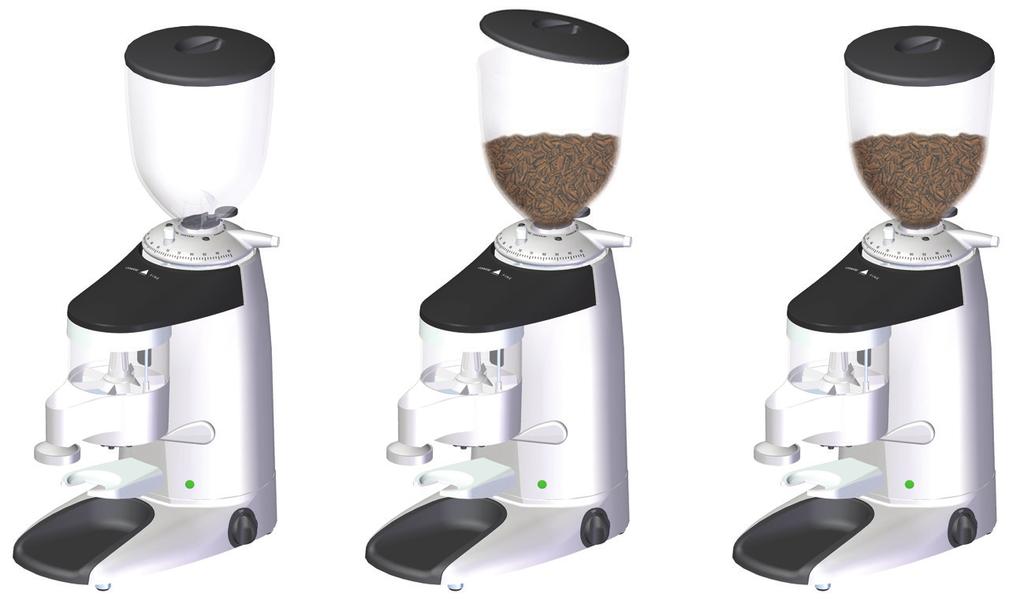 8. REGULATION 8.1. Grinder set up Place the hopper ( ) on the grind regulator ( ) and make sure the bean trap ( ) is in the closed position.