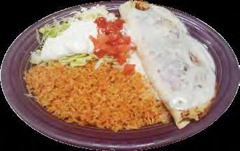 50 Special deep fried burrito with your choice of chicken, shredded beef or ground beef. Topped with melted cheese and mole sauce. Served with lettuce, tomatoes, guacamole, sour cream, rice and beans.