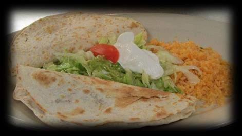 99 Rice, beans, pork, lettuce, guacamole, pico de gallo, green sauce, onion, and cheese dip. Don Burrito Quesadilla Rellena $9.