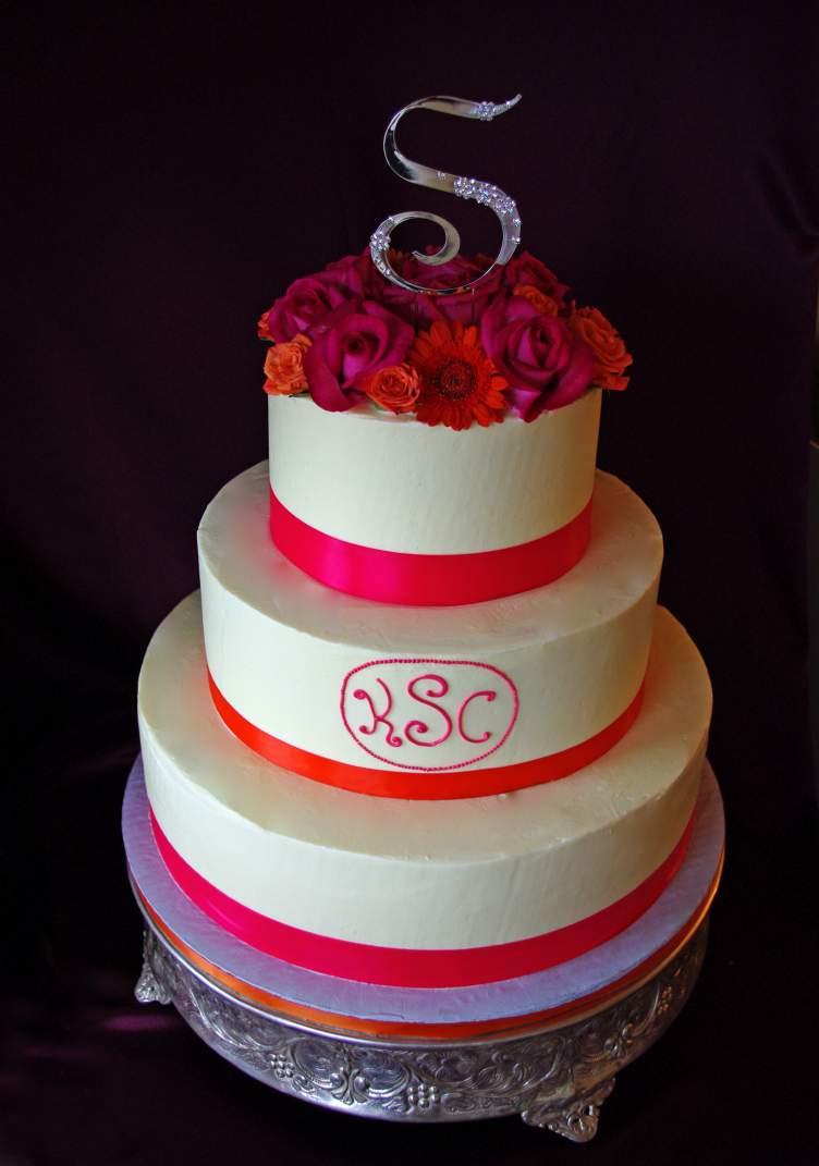 Vanilla French Buttercream Frosted Cake with Pink Satin Ribbon Borders and