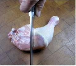 3 2. Divide The Legs Place the chicken leg skin side down on the cutting board.