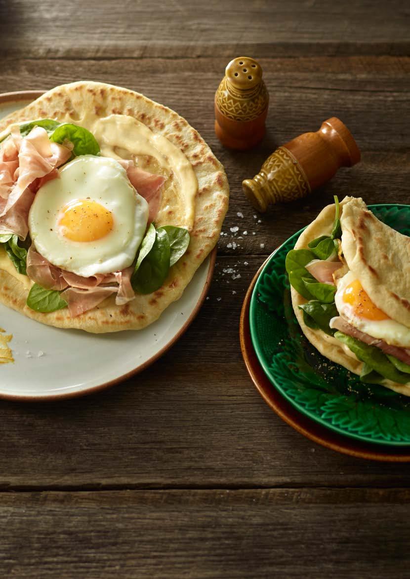 BREAKFAST PIADINA, WITH PROSCIUTTO, MUSTARD & FRIED EGG Prep time: 25 minutes Cooking time: 5 minutes (Stove top) Serves: 6 Mustard mayonnaise 2 tbsp KEEN S Mustard 1 tbsp water ¼ cup mayonnaise