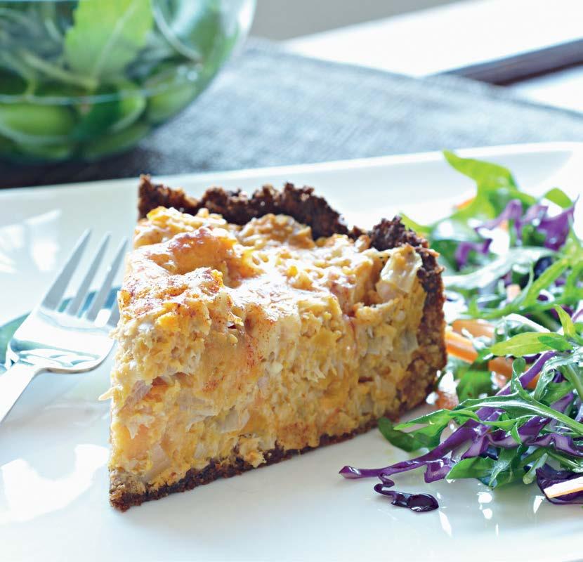 MUSTARD CRUNCH TUNA & SWEET POTATO PIE Prep time: 20 minutes Cooking time: 35 minutes (Oven) 4 slices multi grain bread 100g almond meal 100g Parmesan cheese, grated 80g butter, melted 2 eggs 1 tbsp