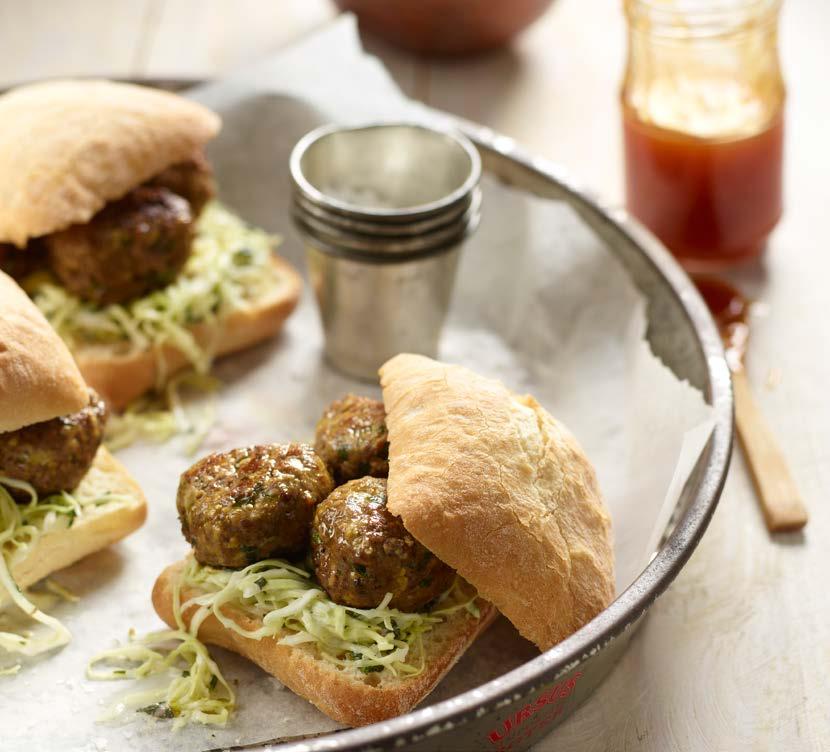 CURRIED MEATBALL SANDWICH WITH CABBAGE & MINT ON CIABATTA Prep time: 20 minutes Cooking time: 15 minutes (Stove top) Meatballs 500g beef mince 1 ½ tbsp KEEN S Curry zest of 1 lemon ½ cup grated