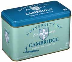 REGIONAL TINS Attractive tins of tea to celebrate the famous cities of Oxford and Cambridge. UNIVERSITY OF CAMBRIDGE 40 English Breakfast teabags in a foil pouch.
