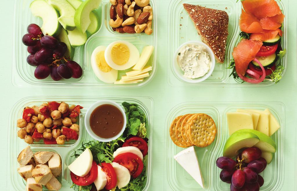 Bon To Go snack and meal boxes CHEESE & FRUIT $5.59 FRUIT, EGG & NUTS $6.99 brie, cheddar cheese, apple, grapes, crackers hardboiled egg, apple, grapes, cheddar cheese, mixed nuts CAPRESE CHICKEN $7.