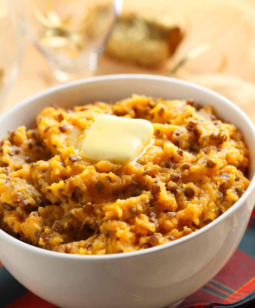 Maple-Orange Mashed Sweet Potatoes with Red Lentils 3 medium dark-fleshed sweet potatoes ½ cup (125 ml) red lentils ¼ cup (60 ml) pure maple syrup ¼ cup (60 ml) orange juice ¼ cup (60 ml) butter ¼