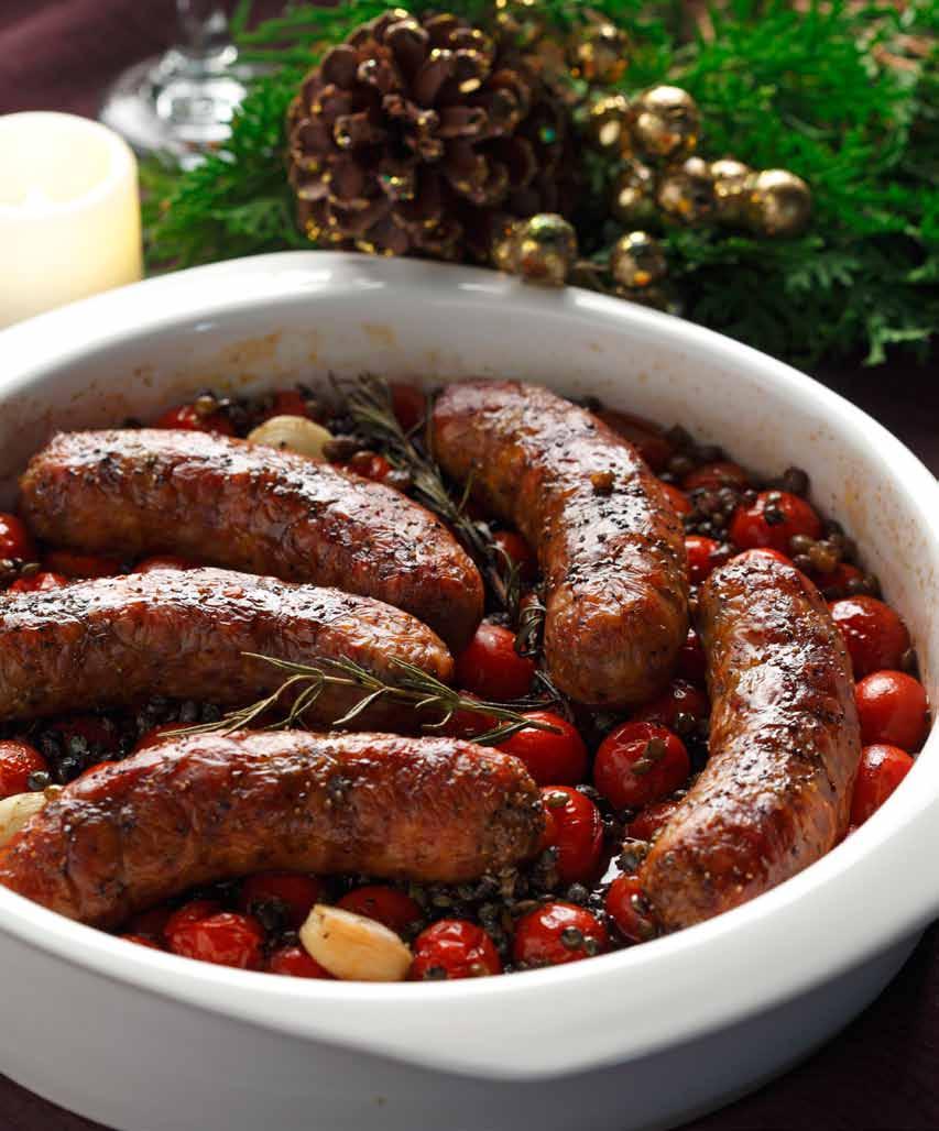 Easy Lentil Cassoulet 2 cups (500 ml) cherry or grape tomatoes ½ cup (125 ml) green or French green lentils 4 large garlic cloves, peeled but left whole 4-6 fresh sweet or hot Italian sausages 3/4