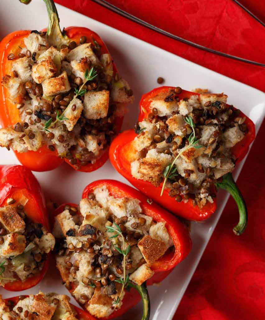 Stuffed Peppers ½ cup (125 ml) red onion, small dice ½ cup (125 ml) leek, small dice 1 Tbsp (15 ml) fresh thyme, chopped 1 Tbsp (15 ml) butter, unsalted 1 cup (250 ml) button mushrooms, small dice 1