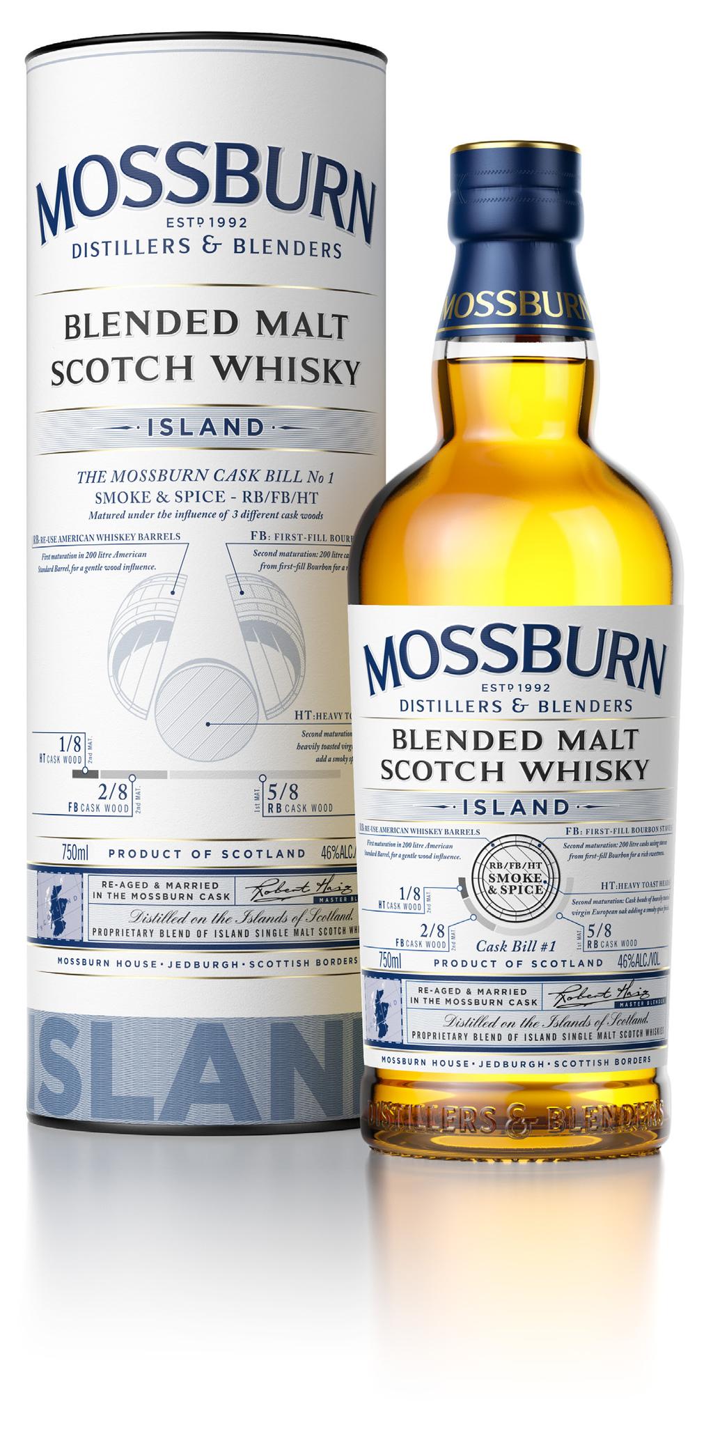 SMOKE and SPICE - RB/FB/HT - Matured under the influence of 3 different cask woods: RB (Re-use American Whisky Barrels) / FB (First-fill Bourbon Staves) / HT (Heavy Toast Heads) The Mossburn