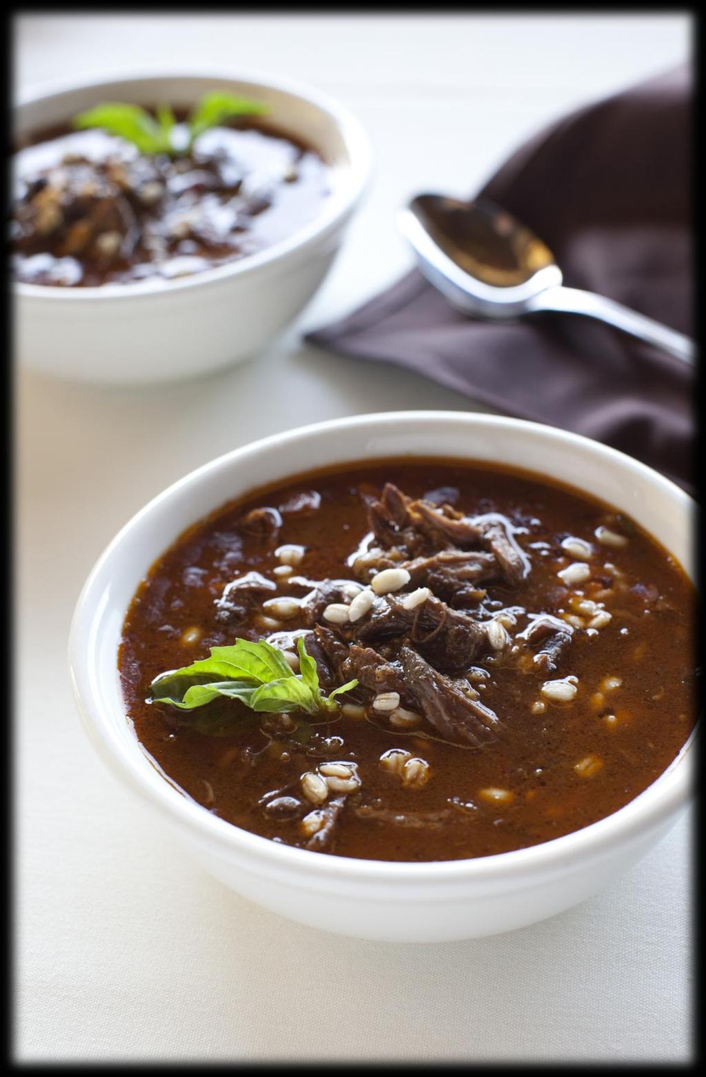 Beef Short Ribs, Basil & Barley Soup (Serves: 6) Ingredients: 16 oz. short rib steak no bones, cut into bite size pieces about ¼ of an inch ½ tsp. freshly ground pepper 3 tbsp.