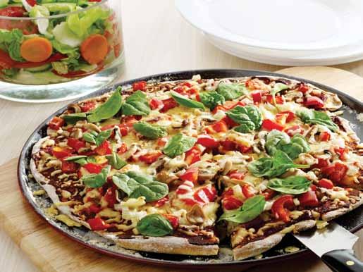 Light meals Pizza Base Serves: 4 Preparation time: 5 minutes Cooking time: 15 minutes 1 cup self-raising flour 1 cup of Greek or natural yoghurt cooking oil spray Pizza Toppers Tropical pineapple