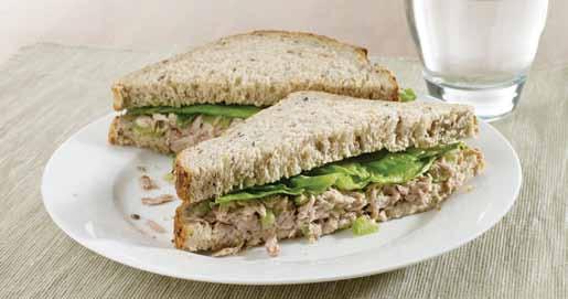Tuna Salad Sandwich Serves: 4 Preparation time: 8 minutes Light meals 425g can tuna in spring water, drained 2 sticks celery, diced 2 tablespoons low-fat mayonnaise or low-fat natural yoghurt 8