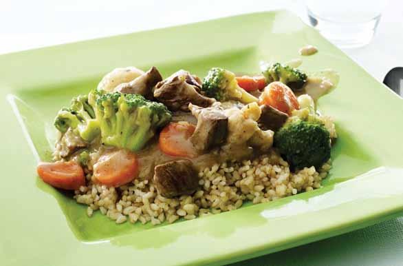 Dinner Beef Stew Serves: 4 Preparation time: 5 minutes Cooking time: 1 hours 15 minutes 1 cup brown rice 6-8 cups water 1 tablespoon olive oil 500g boneless beef steak, cut into small pieces 2
