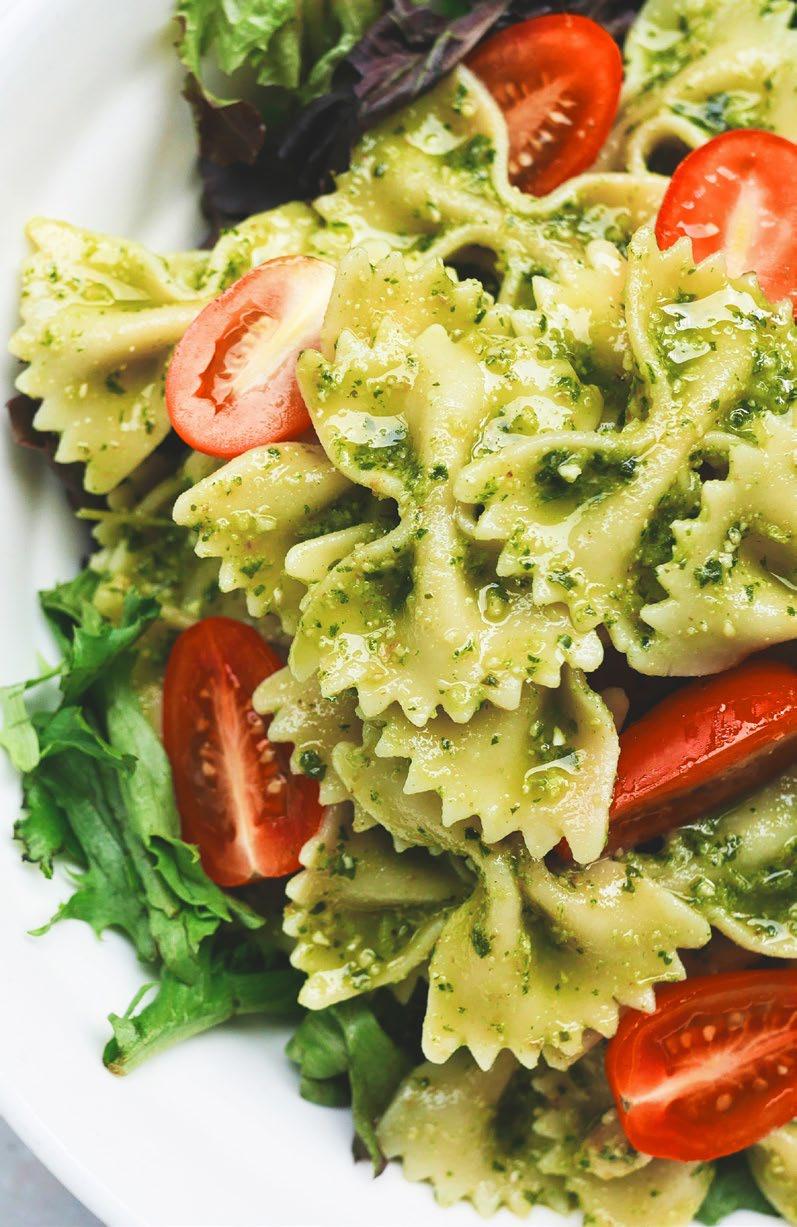 Salad Pesto Pasta Salad 2 cups pasta of choice 1 jar of pesto 1 cup cherry tomatoes 1/4 cup parmesan cheese, grated 1/2 Tbsp.