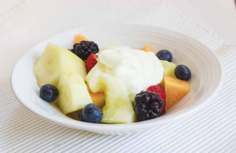 Fresh Fruit with Yoghurt Fat: Protein: Carbohydrates: Fiber: 93kcal 0g 3g 20g 2g 1. Stir together yoghurt,honey & fresh orange juice. 2. Place fruit in bowl & pour the yoghurt mix on the fruit.