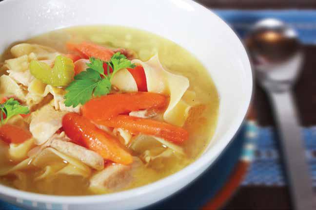 Preferred for Ramadan Chicken Soup 270kcal Fat: 5g Cholesterol: 80mg Carbohydrates: 32g Protein: 25g Fiber: 1g 6 cups chicken broth 500 grams cut and boiled chicken 1 teaspoon salt 1 teaspoon all