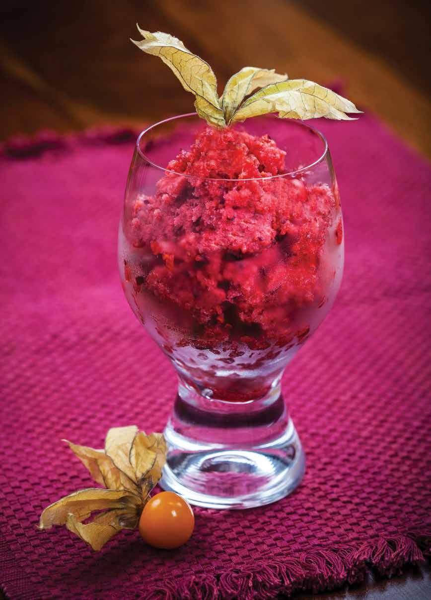 Cranberry Sorbet 8 servings, 1 serving = 1 cup Fat: Protein: Carbohydrates: 50kcal 0g 3g 9g 3 cups low calorie cranberry juice cocktail 1 package raspberry flavor (4-serving size) 1 cup cold