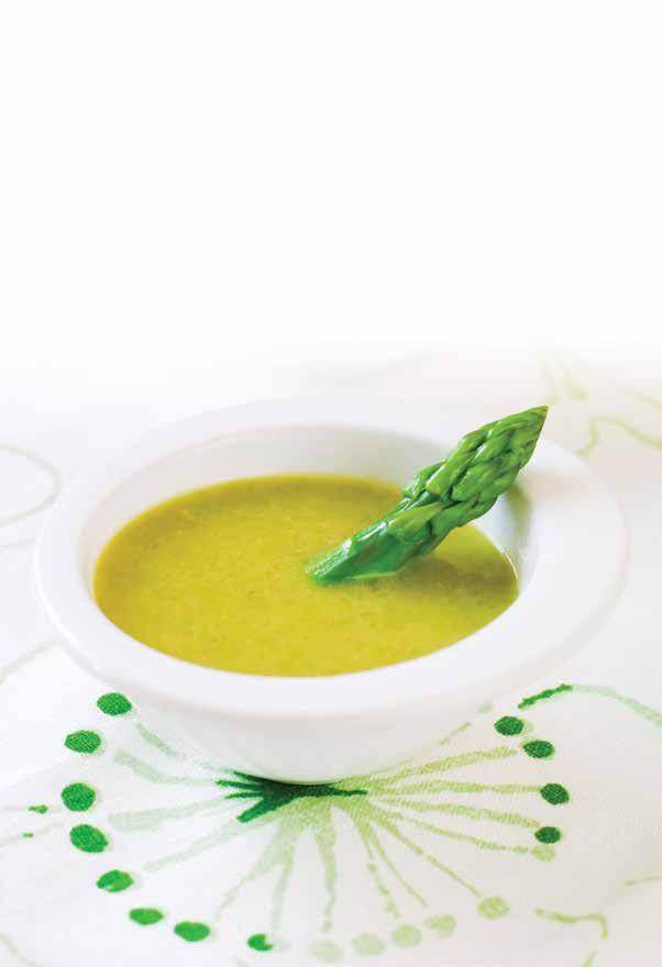 Preferred for Ramadan Asparagus Soup 155 kcal Fat: 6g Cholesterol: 0mg Carbohydrates: 15g Protein: 10g Fiber: 2g 1 tablespoon vegetable oil 2 medium onions, chopped 2 crushed garlic cloves 500 grams