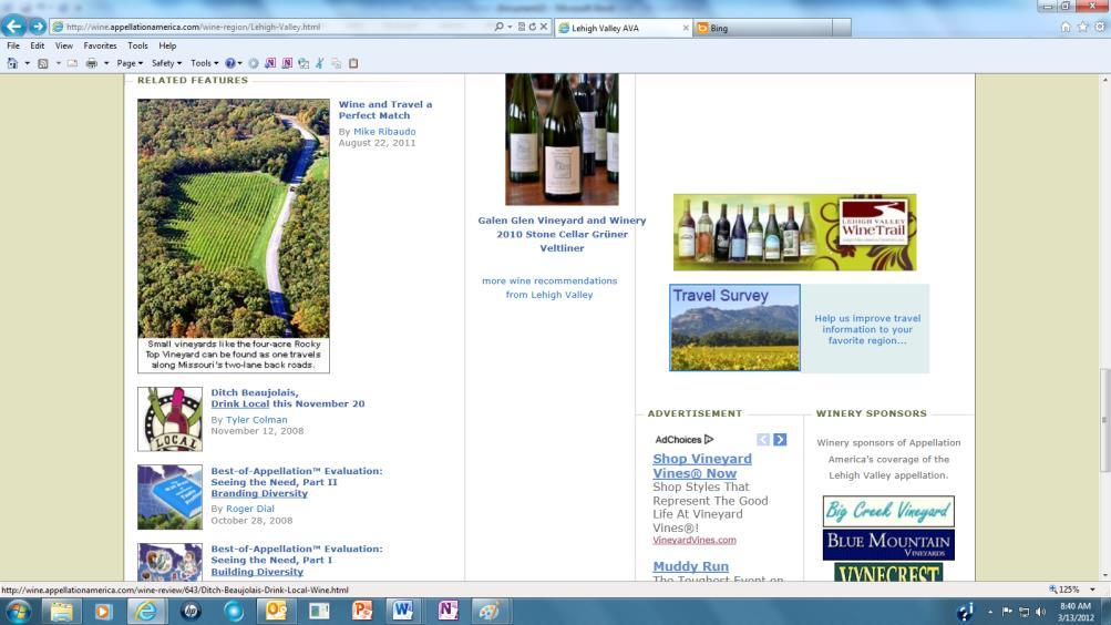 Local wine trail advertising Appellation America online travel