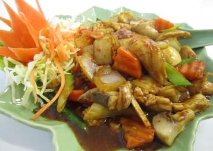 Main (Poultry): P1 Green curry chicken **- a sweet curry with coconut cream, beans, bamboo shoots, 20.50 zucchini and capsicum.