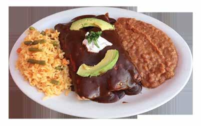 66 ENCHILADAS SUIZAS 2 Chicken enchiladas topped with green sauce & melted American cheese, with rice, beans, sour cream &