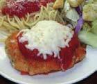 Dinner Entrees A Taste of Italy All Italian dinners come with a side salad and your choice of spaghetti or ziti. Chicken Parmesan Lightly breaded chicken breast deep fried to a golden brown.