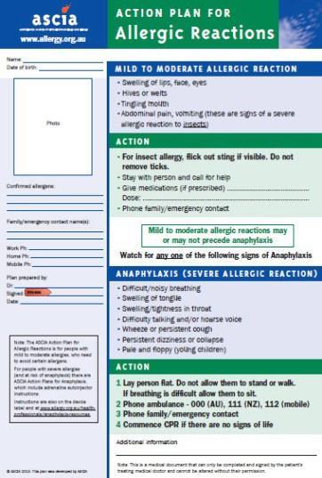 Appendix 7 ASCIA Action Plan for Anaphylaxis (Emergency Response Plan) A student's individual health care plan for anaphylaxis must include an emergency response plan.