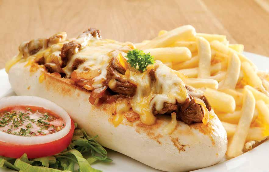 TOASTED BAGUETTES PHILLY BEEF 325 A toasted baguette with tender beef, mixed with sautéed onions and BBQ sauce, topped with melted cheese.