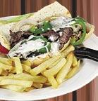 beef patty topped with a thick slice of melted saganaki cheese STEAK SANDWICHES All Steak Knife Sandwiches are Charbroiled and Topped with Onion Rings, Served on Texas Toast, with Your Choice of a