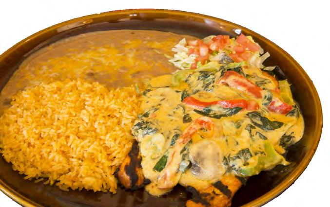 Served with tortillas. 16.99 Chicken en Mole Chicken in a tasty, sweet and spicy Mexican sauce (contains peanut butter). Served with rice beans and tortillas. 16.99 Carnitas de Pollo Strips of chicken breast stir-fried with green peppers, onions and spices.