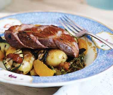 SERVES 2 Honey, orange & thyme glazed duck breast Ingredients: 2 Gressingham Duck breasts 2 large oranges 10 new potatoes, boiled in salted water and then cut in half 2 cloves garlic 1 bunch of thyme