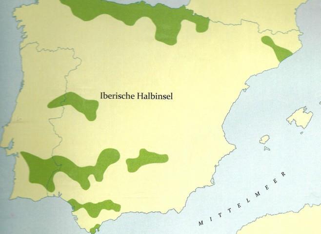 Iberian Peninsula (green: area with wild grapes) There are archeological finds of pollen and branches that