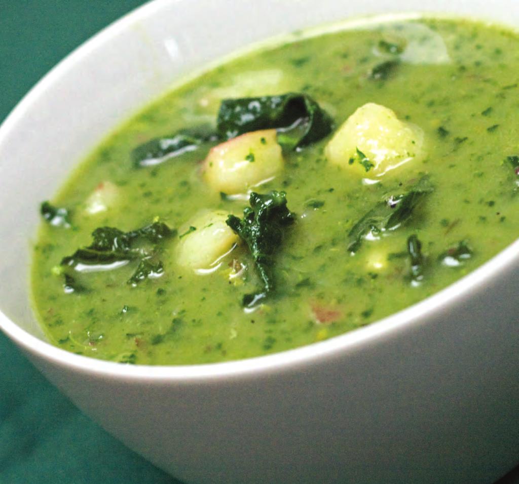 The bright blended greens make a pesto like base for the soup, with larger chunks of kale and potato lending a satisfying heartiness.