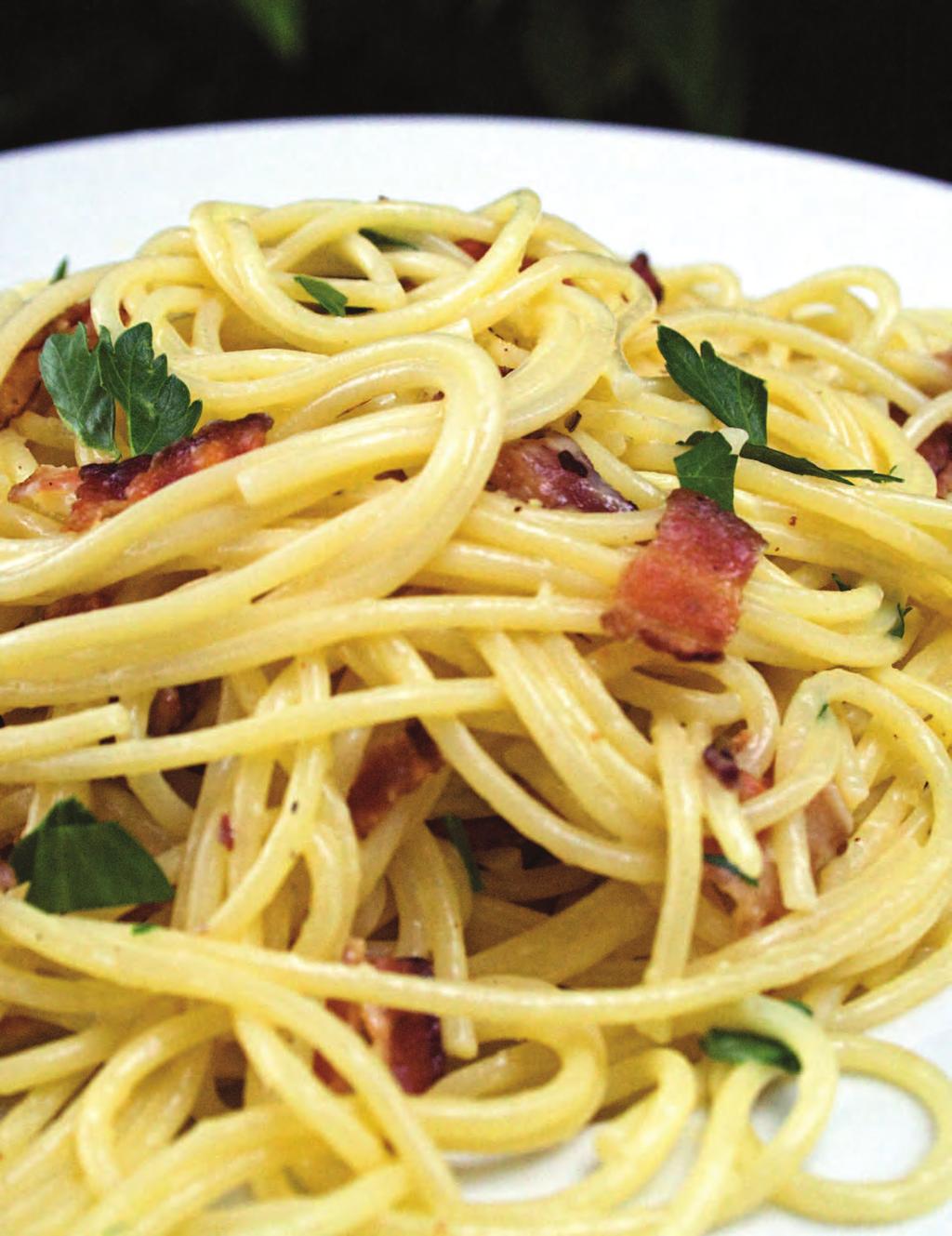 Serve Carbonara quickly! Connoisseurs serve Carbonara on heated plates to retain the heat and creaminess of the sauce. 1 (16-oz) pkg spaghetti 1 (3.