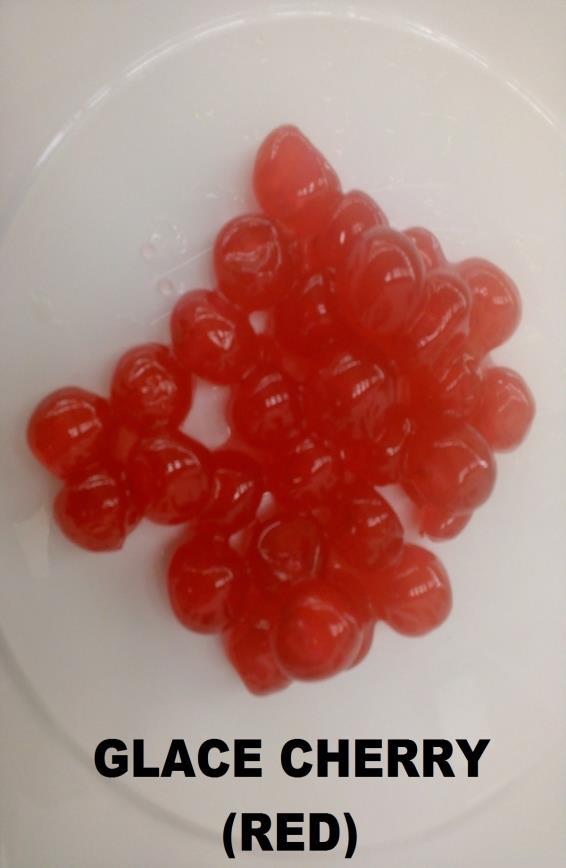GLACE FRUITS Candied Cherry Ingridients : Cherries, water, sugar, glucose syrup, colour added erytrosine, citric acid. Physical-Chemical Properties: Brix : 70-75 Water Activity (aw) : Min. 0,70 Max 0.