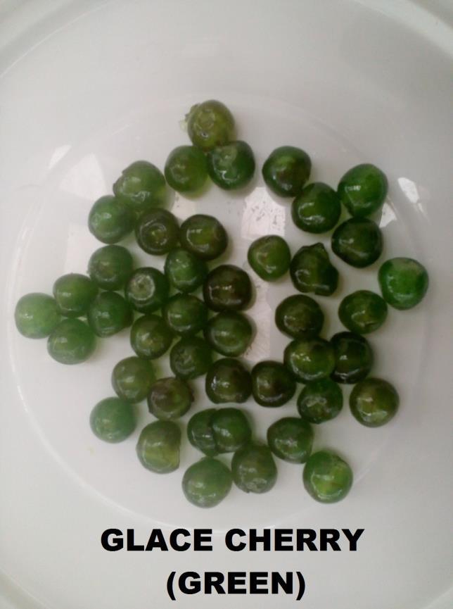GLACE FRUITS Candied Cherry ( Green) Ingridients : Cherries, water, sugar, glucose syrup, colour added erytrosine, citric acid. Physical-Chemical Properties: Brix : 70-75 Water Activity (aw) : Min.