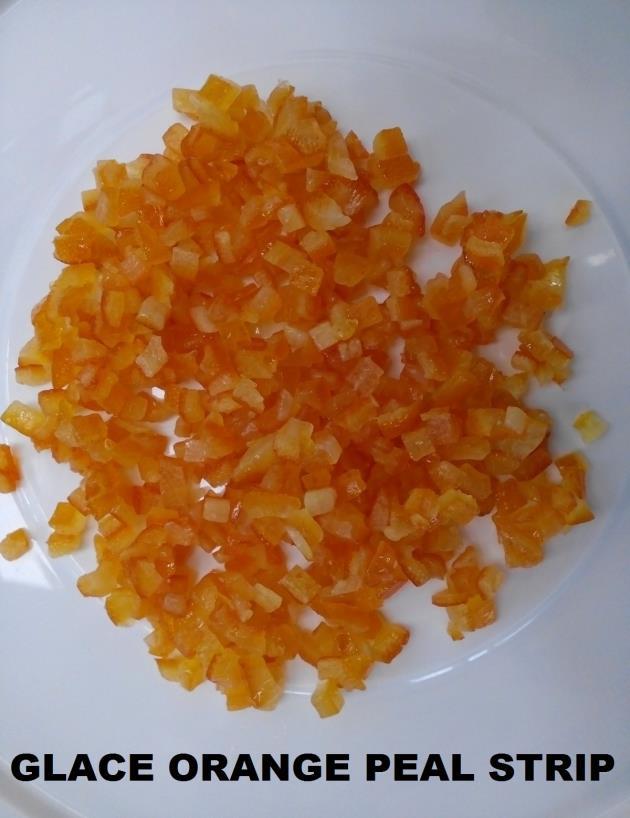 GLACE FRUITS Candied Orange Cubes Ingridients : Orange cubes, water, sugar, glucose syrup, colour added erytrosine, citric acid. Physical-Chemical Properties: Brix : 70-75 Water Activity (aw) : Min.