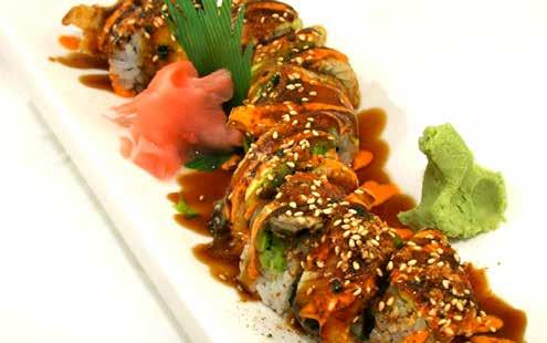 SPECIAL ROLL E: order@chinsgardensa.com Shrimp Tempura Roll 5pcs $8.95 Shrimp tempura, cucumber and smelt roe topped with Teriyaki sauce and Katsuo Mirin Spider Roll 5pcs $9.